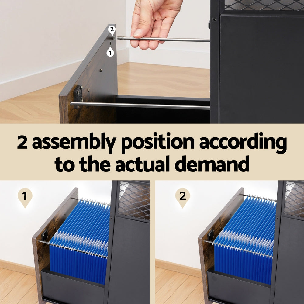 Artiss Filing Cabinet File Cabinet with Wheels 2 Drawer Storage Rustic Brown-5