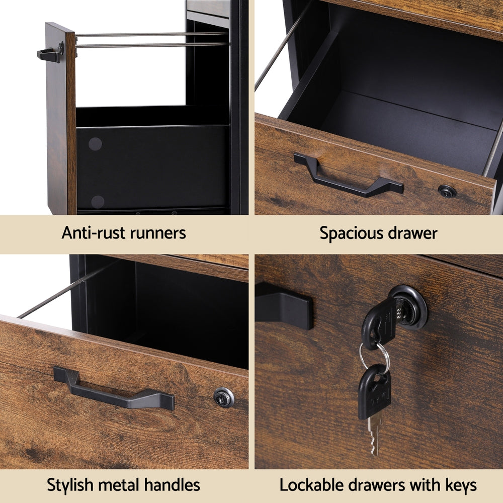 Artiss Filing Cabinet File Cabinet with Wheels 2 Drawer Storage Rustic Brown-6