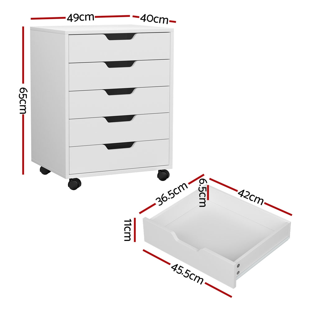 Artiss 5-Drawer Filing Cabinet Mobile Rolling Storage Cabinet Chest of Drawers Stand White-1