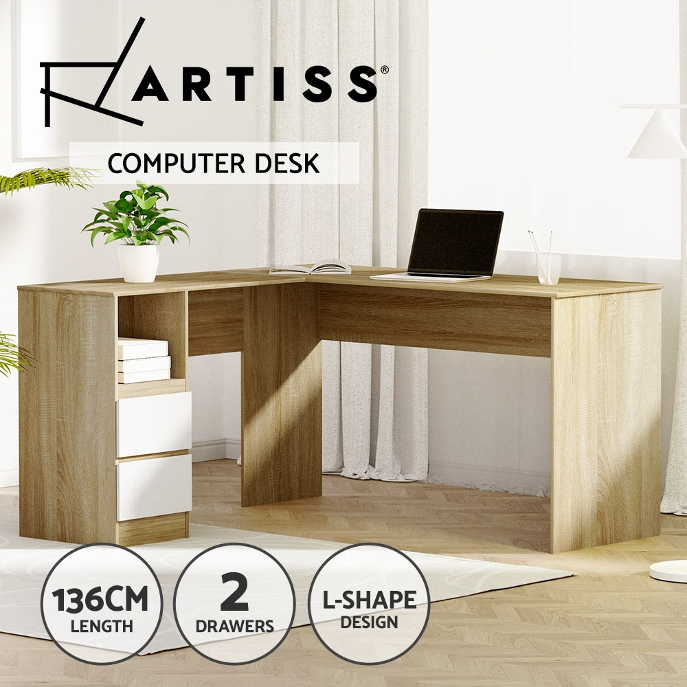 Artiss Computer Desk Drawer Cabinet L-Shape Oak 136CM-3