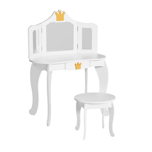 Keezi Kids Dressing Table Vanity Makeup Chair Set Wooden 3 Mirror Drawer White-0