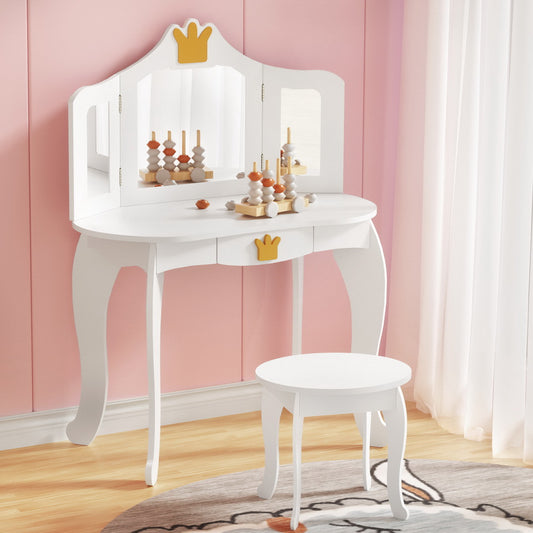Keezi Kids Dressing Table Vanity Makeup Chair Set Wooden 3 Mirror Drawer White-0