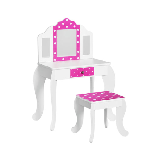 Keezi Kids Dressing Table Vanity Makeup Chair Set Wooden 3 Mirror Drawer Pink-0