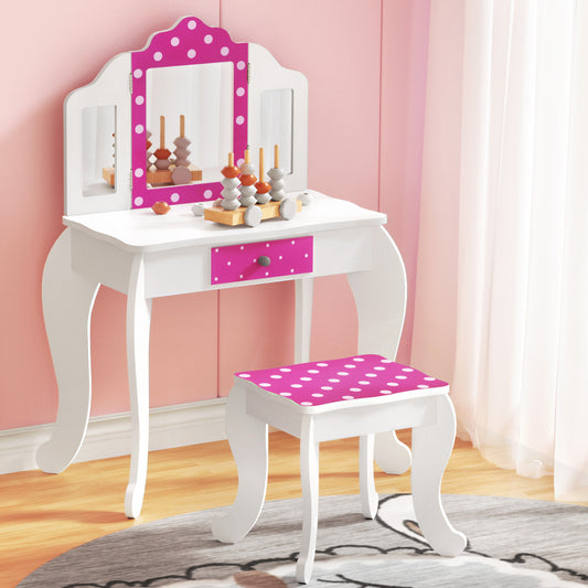 Keezi Kids Dressing Table Vanity Makeup Chair Set Wooden 3 Mirror Drawer Pink-0