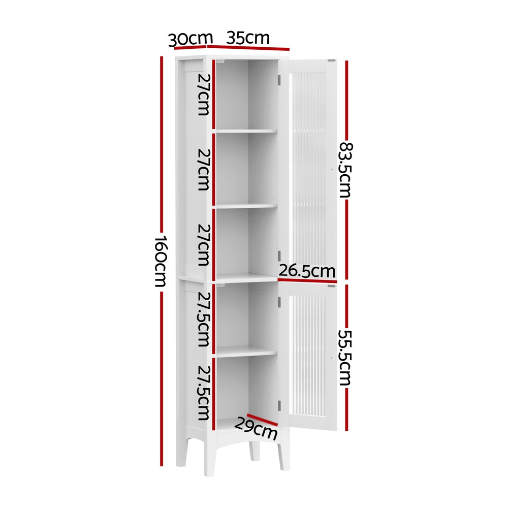 Artiss Bathroom Storage Cabinet 160cm Tall Slim Floor Cupboard Toilet Glass Door White-1