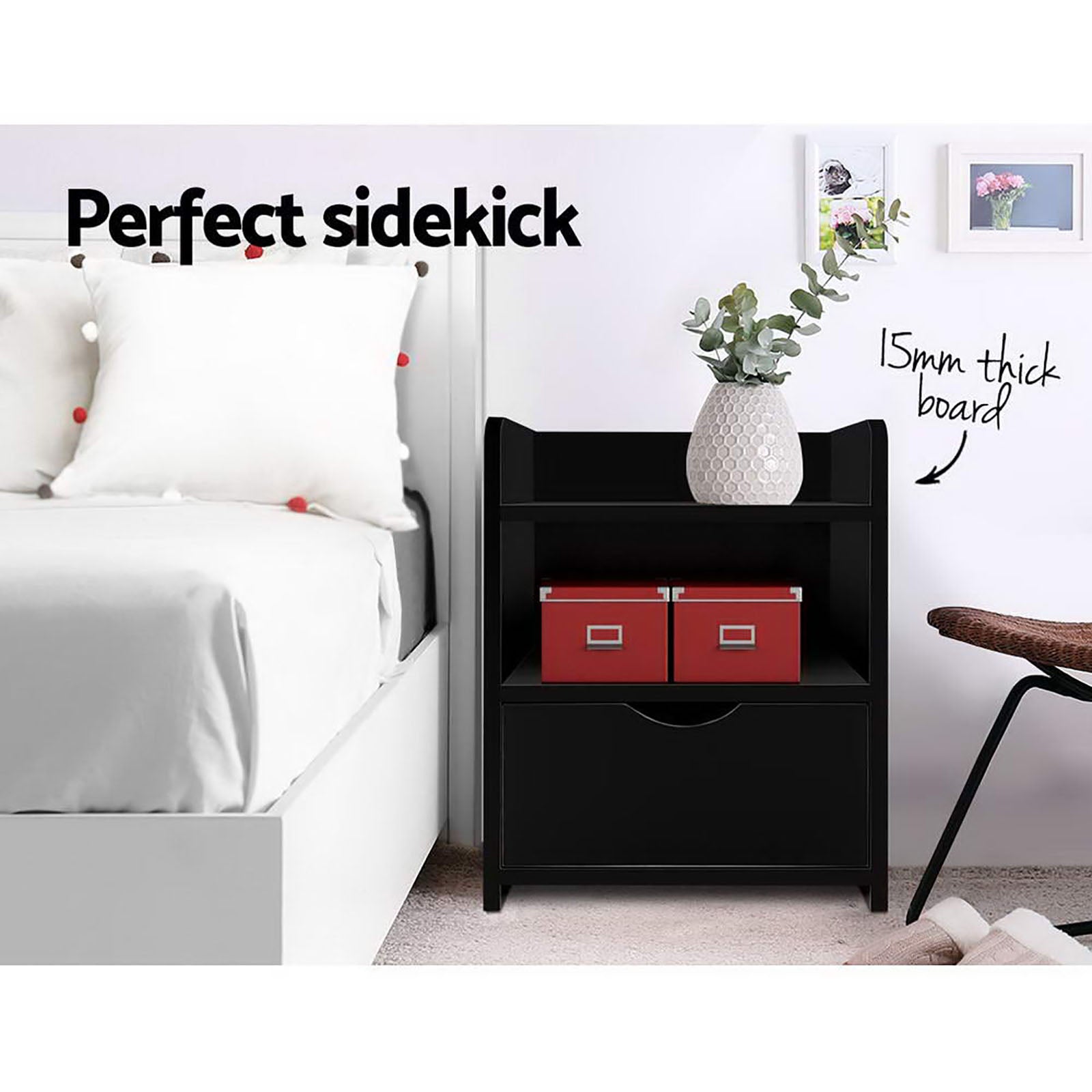 Artiss 2X Bedside Table 1 Drawer with Shelf - FARA Black-2