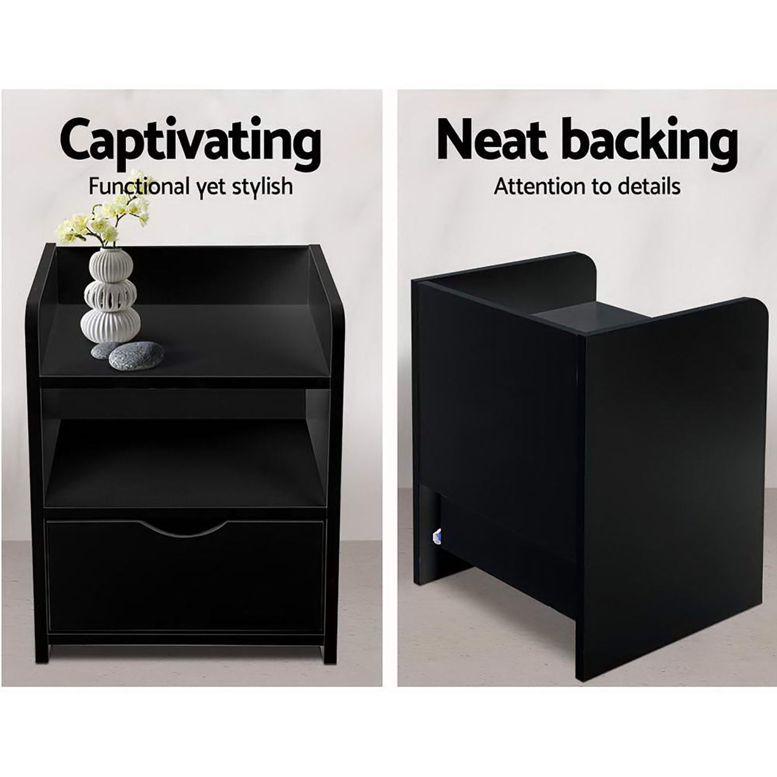 Artiss 2X Bedside Table 1 Drawer with Shelf - FARA Black-3