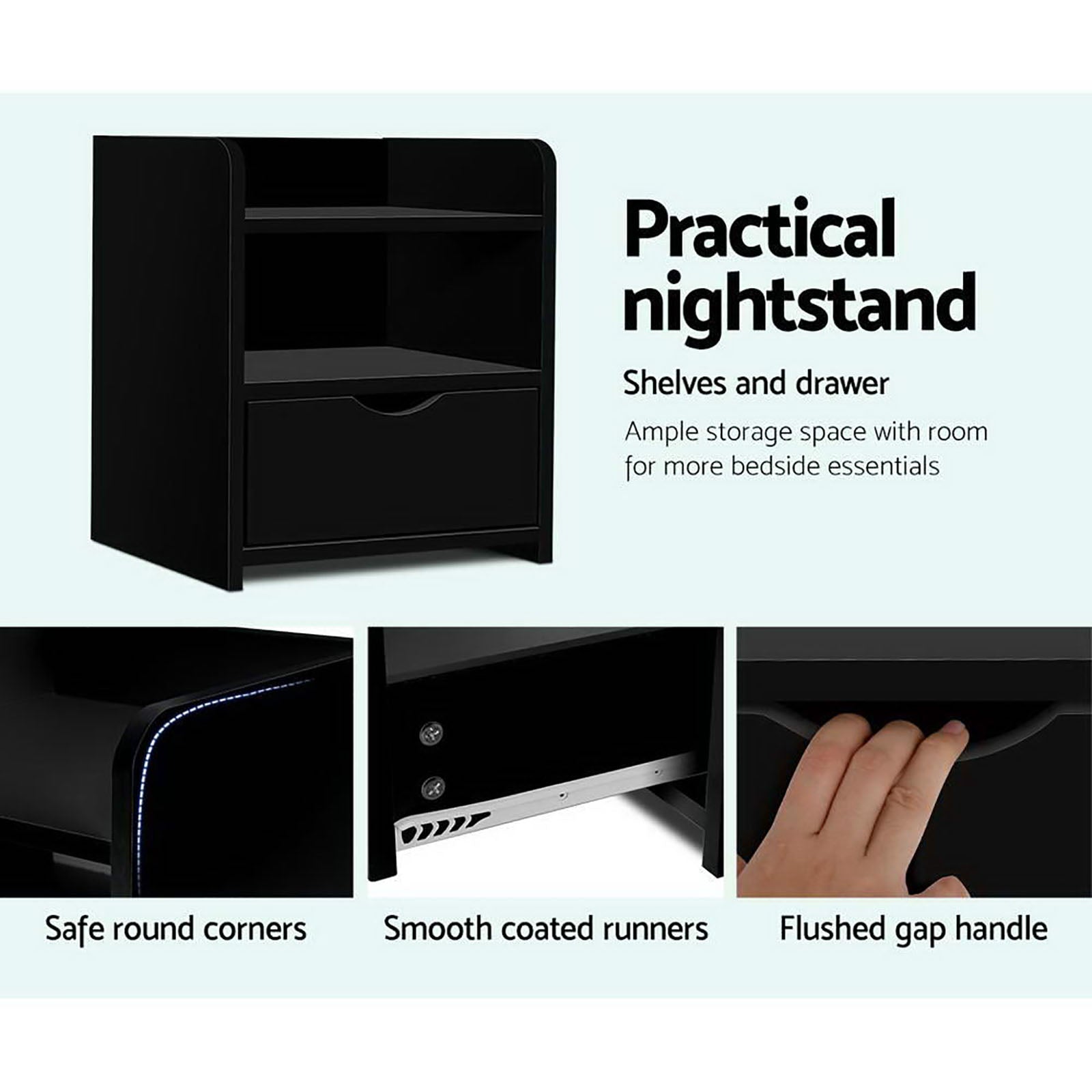 Artiss 2X Bedside Table 1 Drawer with Shelf - FARA Black-4
