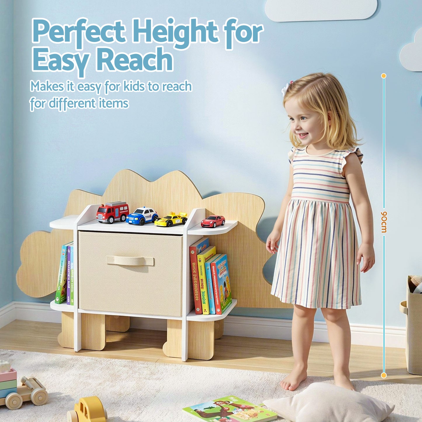 Keezi Dinosaur Kids Bookshelf 2-Tier Children's Bookcase Wooden with with Fabric Drawer, Toddler Bookshelf Toy Storage Organizer for Preschool, Kids Room, Playroom, Nursery-4