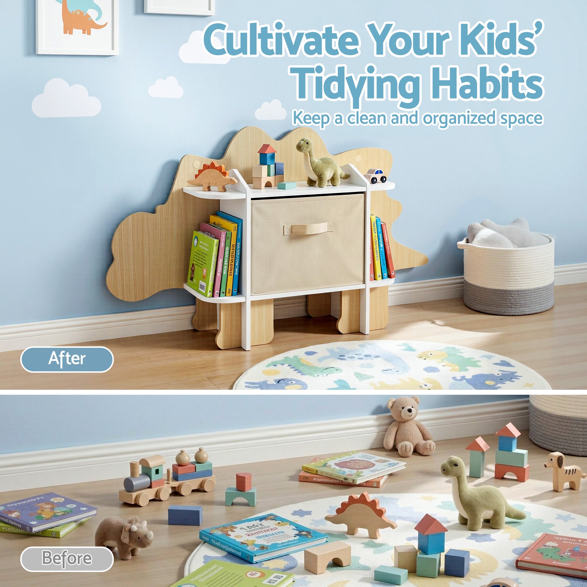 Keezi Dinosaur Kids Bookshelf 2-Tier Children's Bookcase Wooden with with Fabric Drawer, Toddler Bookshelf Toy Storage Organizer for Preschool, Kids Room, Playroom, Nursery-5