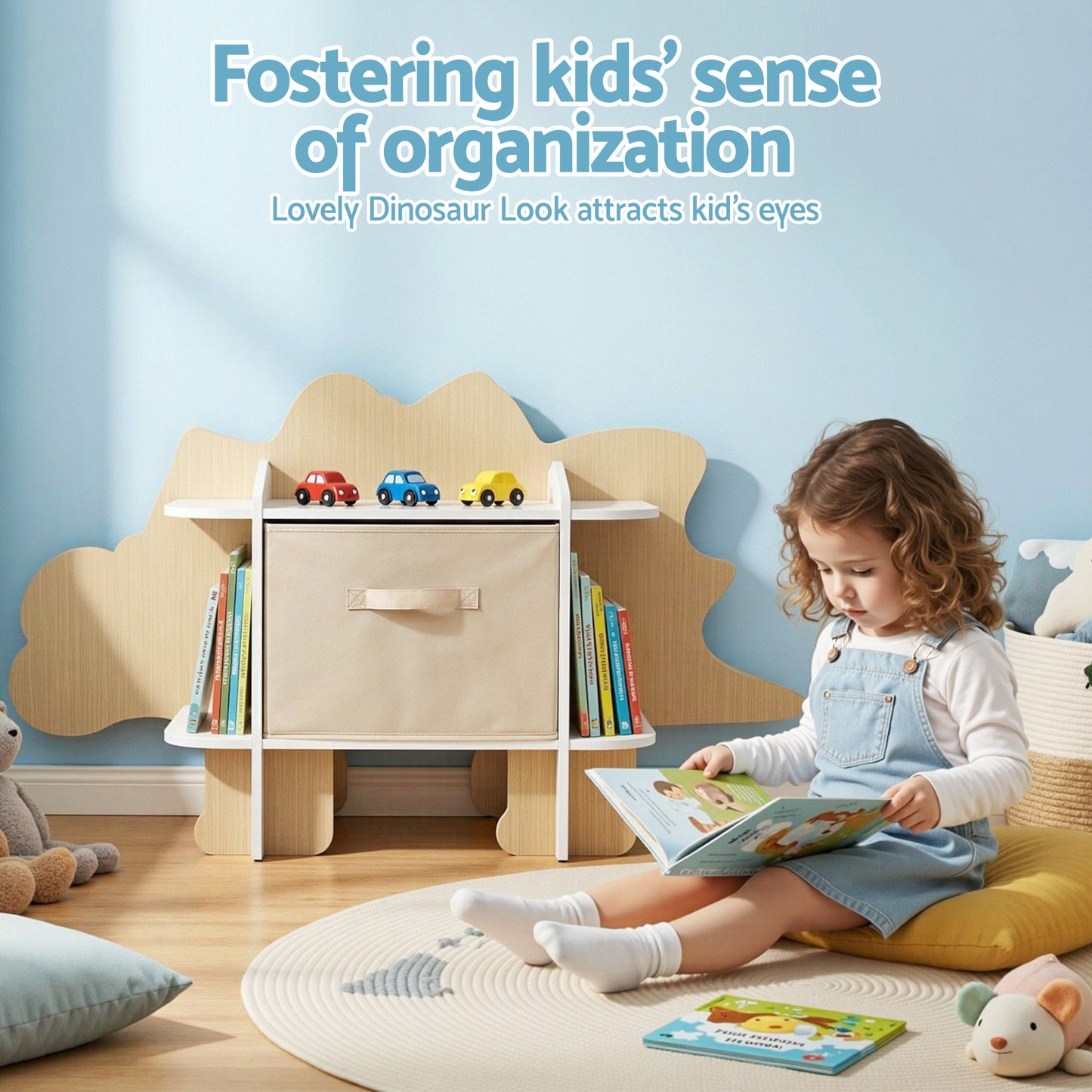 Keezi Dinosaur Kids Bookshelf 2-Tier Children's Bookcase Wooden with with Fabric Drawer, Toddler Bookshelf Toy Storage Organizer for Preschool, Kids Room, Playroom, Nursery-7