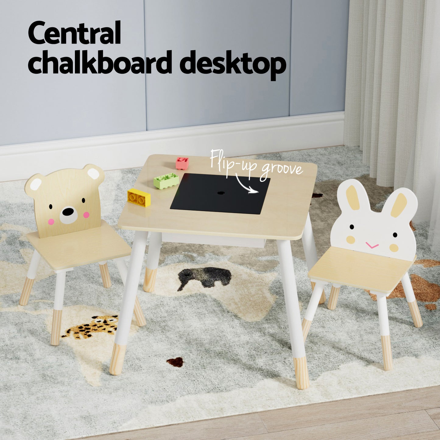 Keezi 3PCS Kids Table and Chairs Set Activity Desk Chalkboard Toy Hidden Storage-3