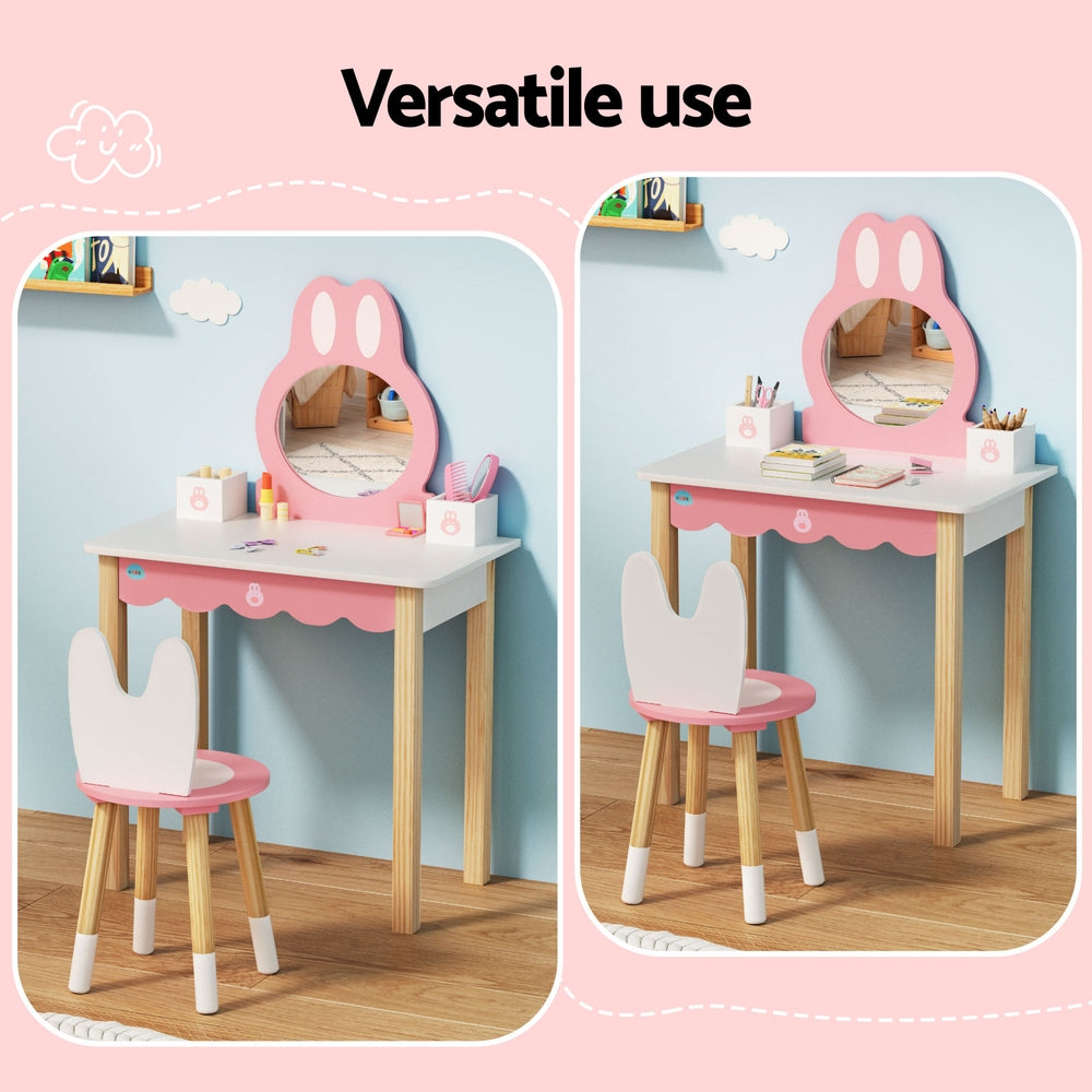 1 Set of Keezi Kids Dressing Table Wooden Bunny Pink-3