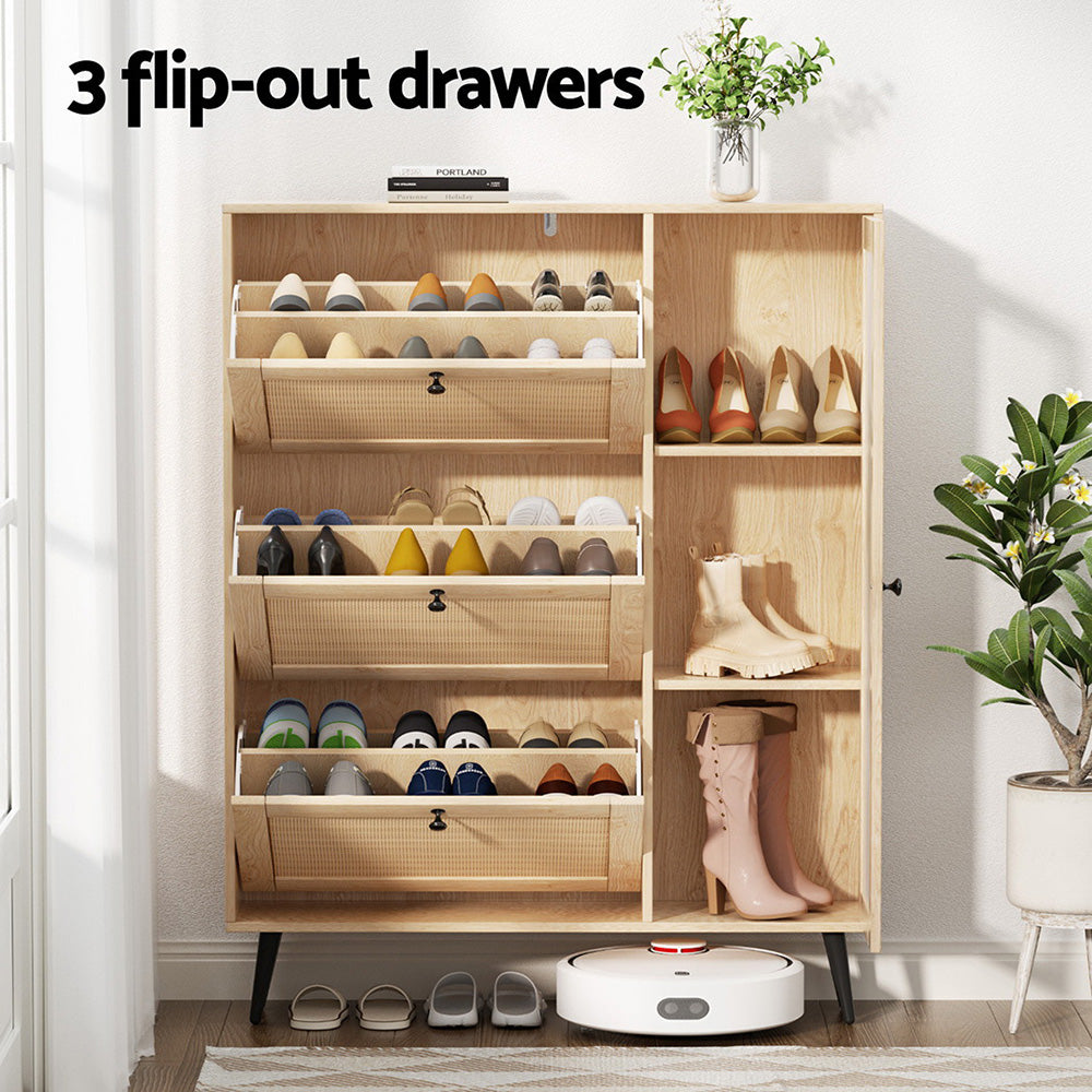 Artiss Shoe Rack Cabinet 3 Flip-out Drawers Pine-5