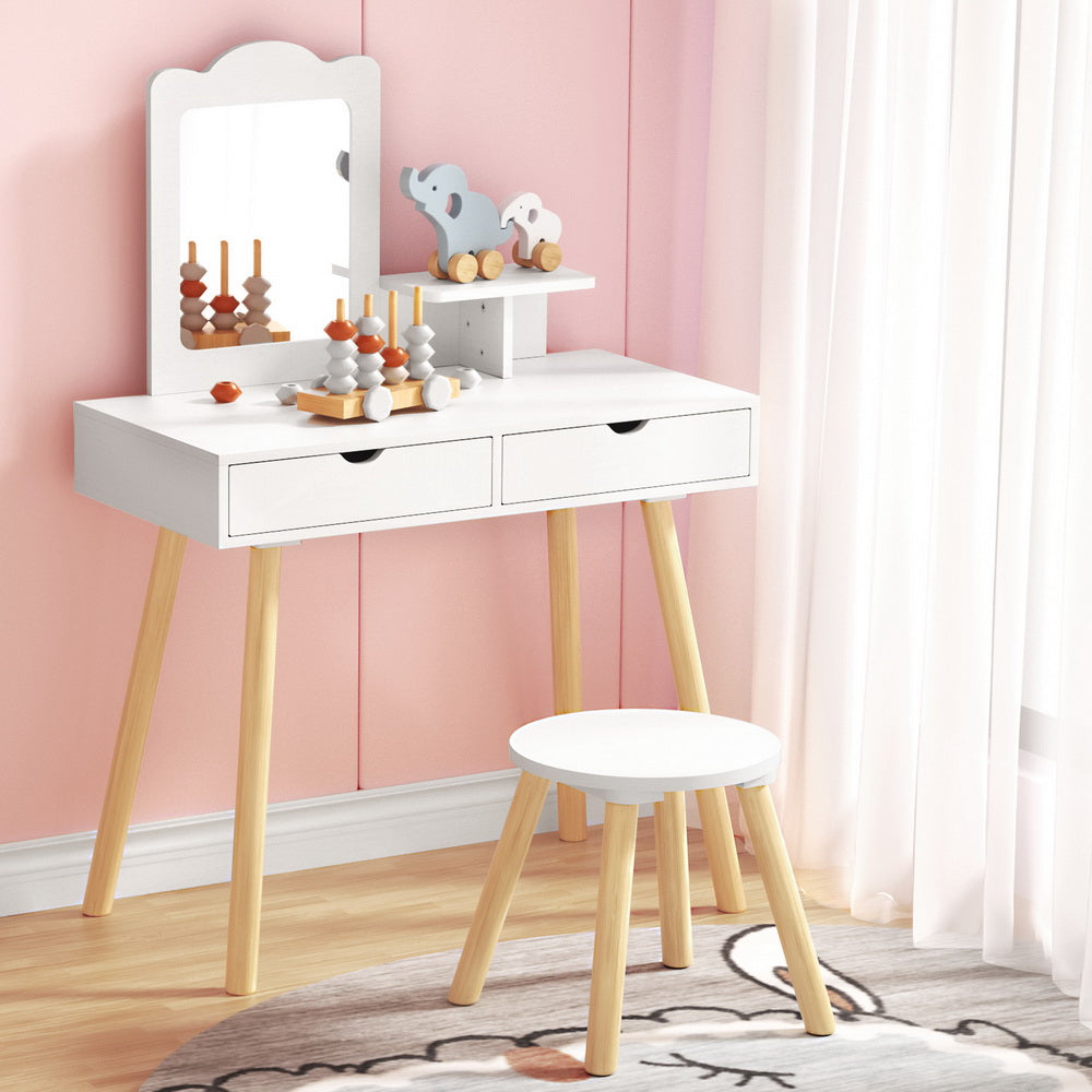 Keezi Kids Dressing Table Vanity Makeup Chair Set with Mirror Drawers Wooden Legs-6