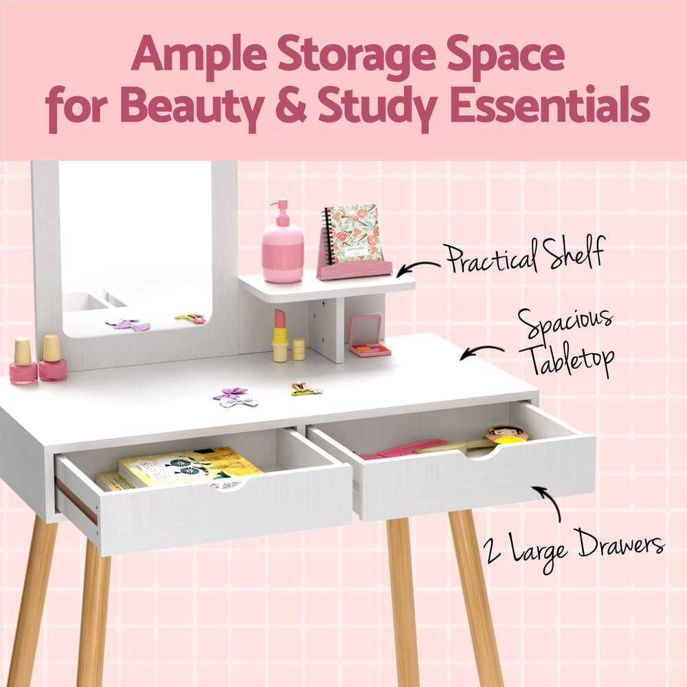 Keezi Kids Dressing Table Vanity Makeup Chair Set with Mirror Drawers Wooden Legs-4