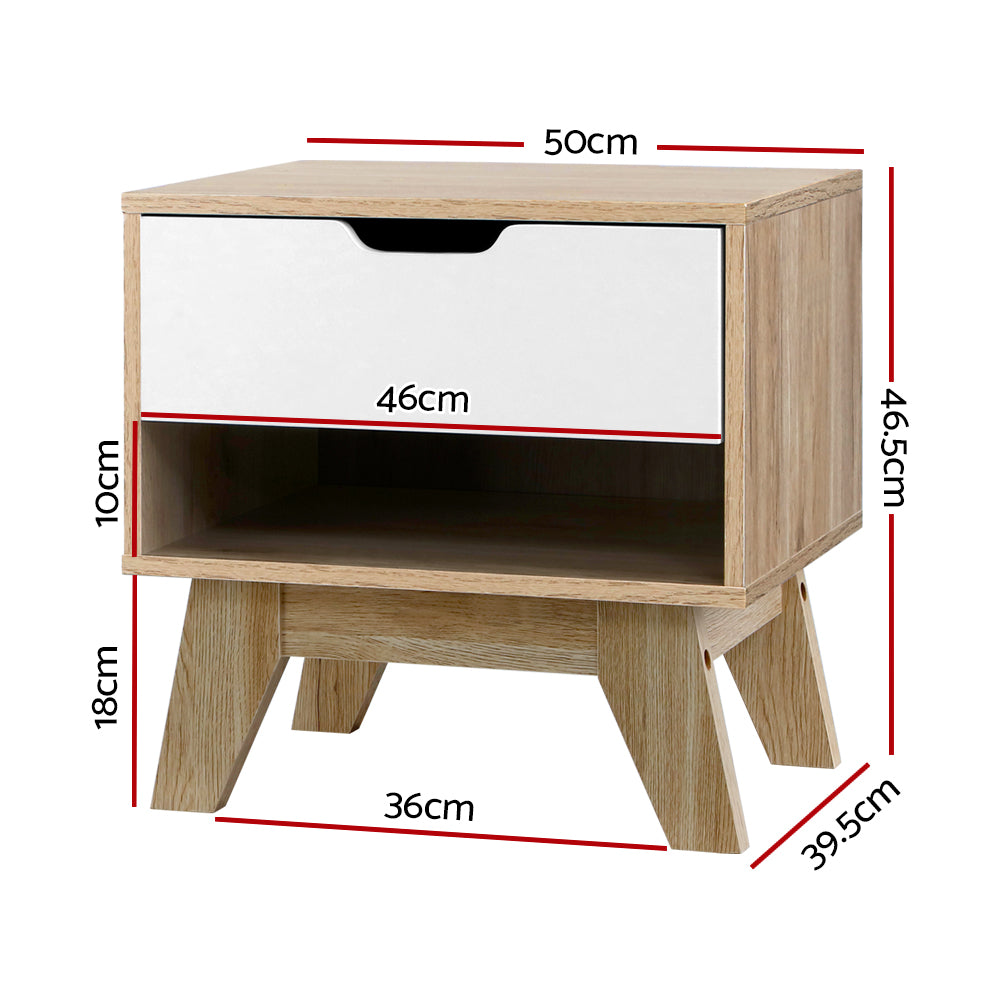 Artiss Bedside Table 1 Drawer with Shelf - IKER White & Oak-1