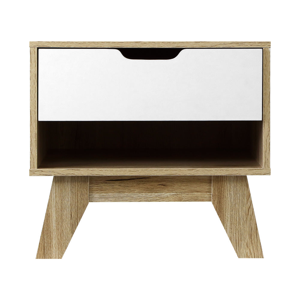 Artiss Bedside Table 1 Drawer with Shelf - IKER White & Oak-2