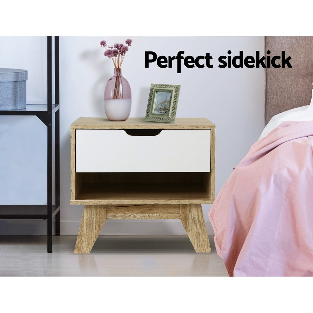 Artiss Bedside Table 1 Drawer with Shelf - IKER White & Oak-4