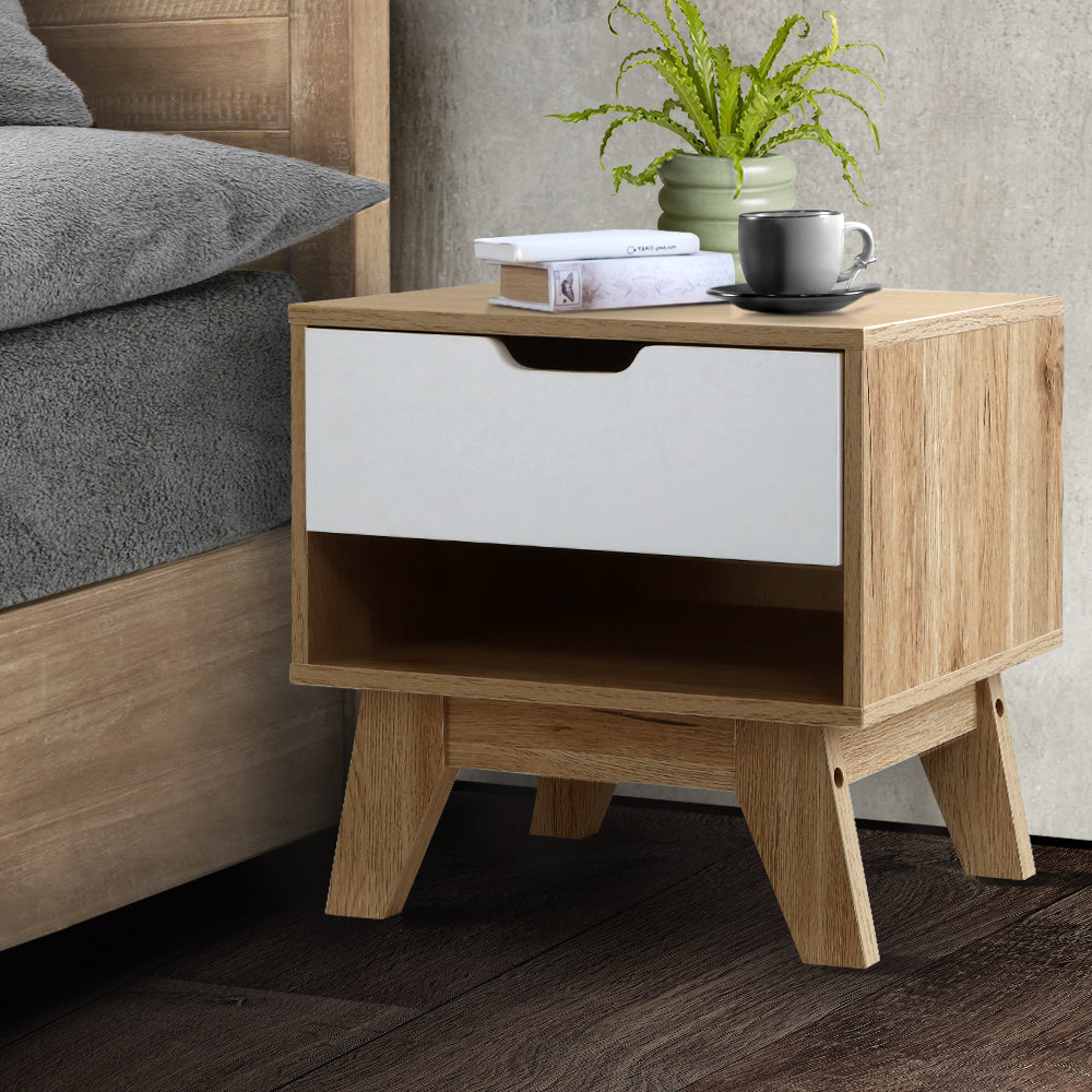 Artiss Bedside Table 1 Drawer with Shelf - IKER White & Oak-7