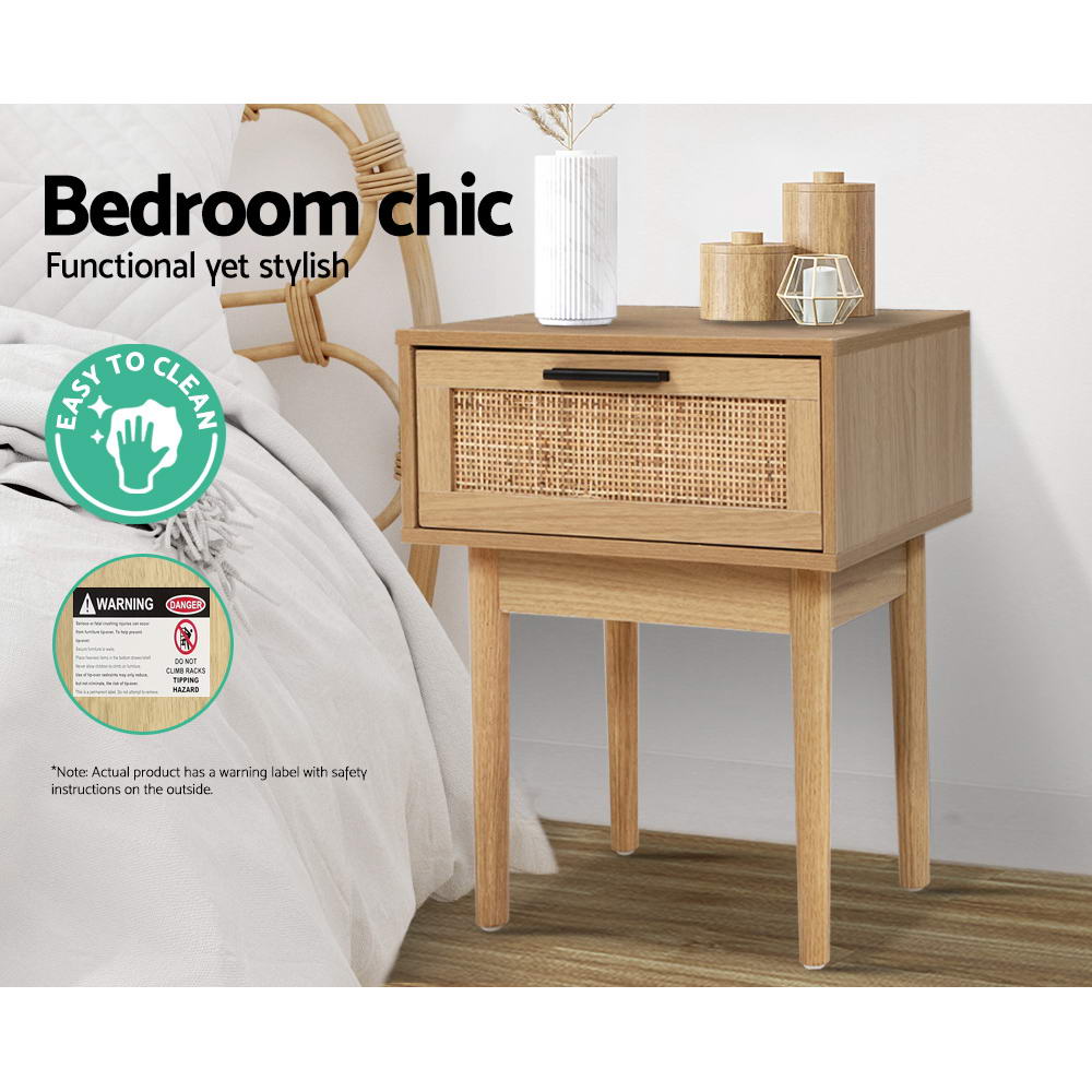 Artiss Bedside Tables Side Table Rattan Drawers Nightstand-4