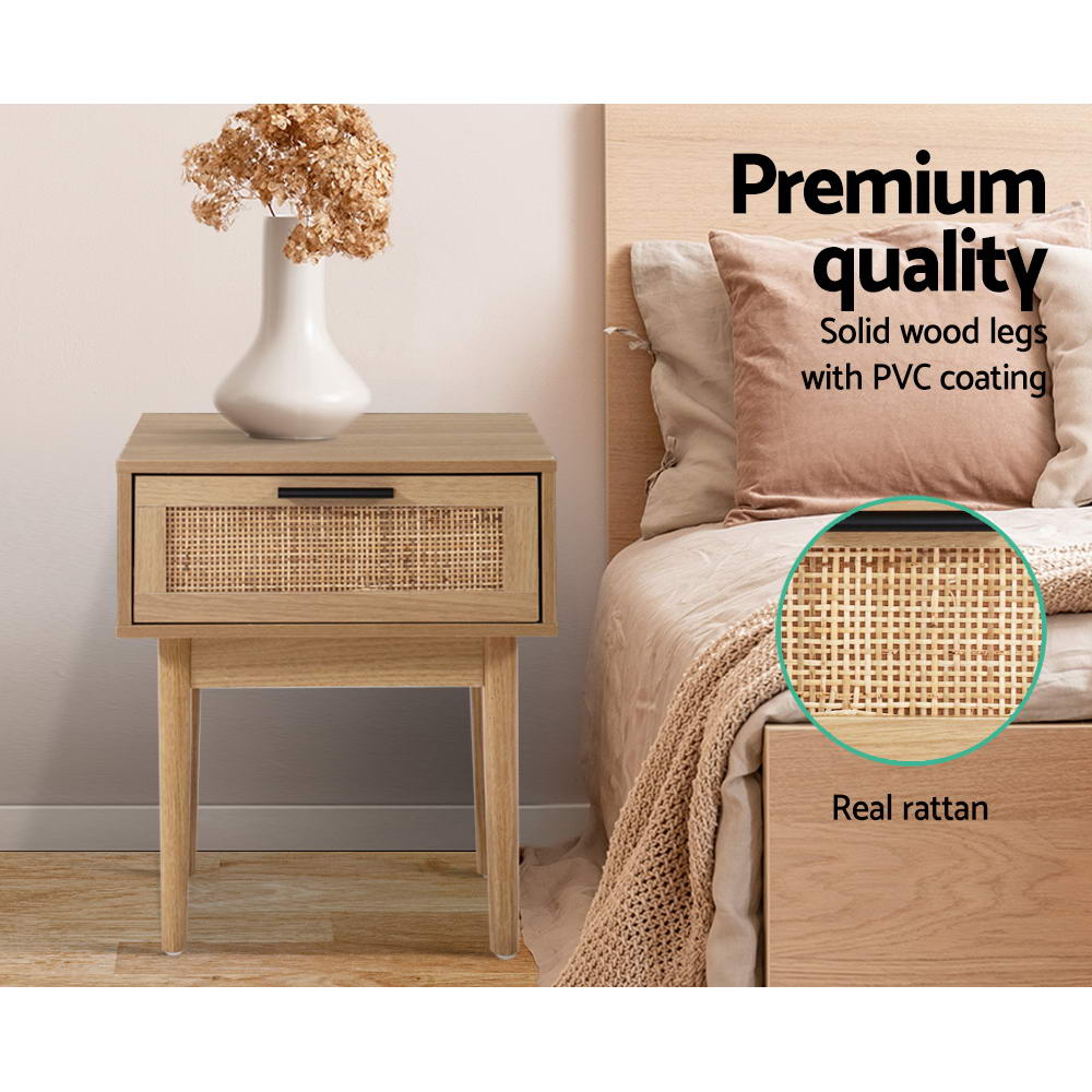 Artiss Bedside Tables Side Table Rattan Drawers Nightstand-5