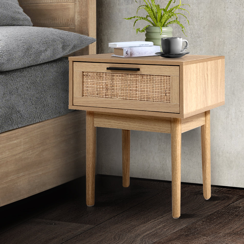 Artiss Bedside Tables Side Table Rattan Drawers Nightstand-7