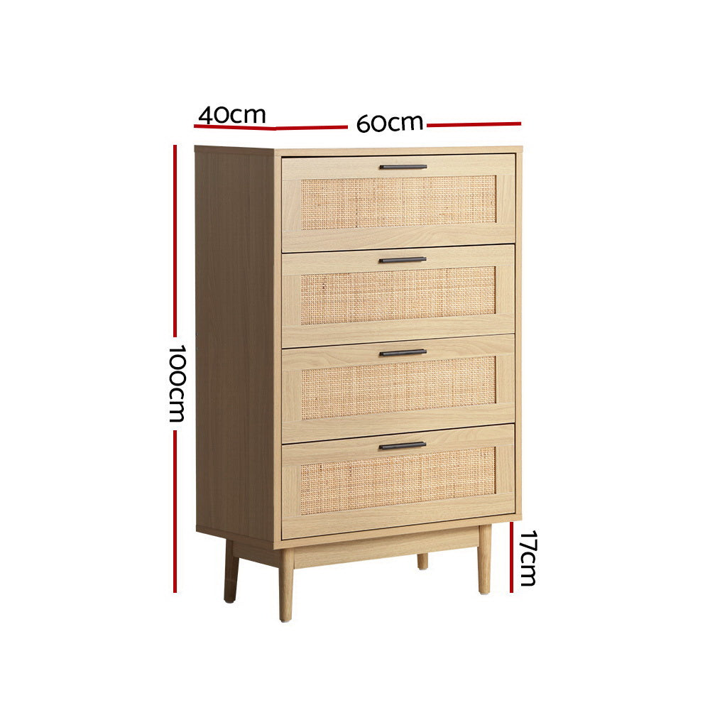 Artiss 4 Chest of Drawers Rattan Tallboy Pine - BRIONY-1