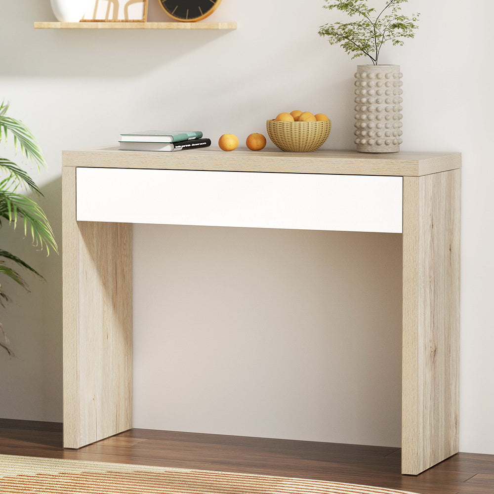 Artiss Console Table Storage Drawer Jory White Pine-7