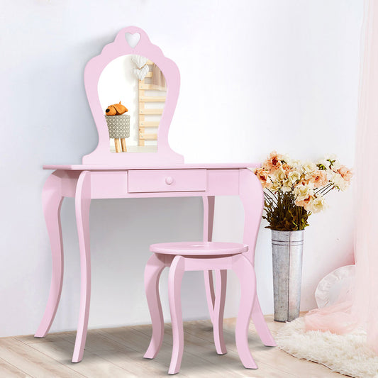 Keezi Kids Dressing Table Stool Set Vanity Mirror Princess Children Makeup Pink-0