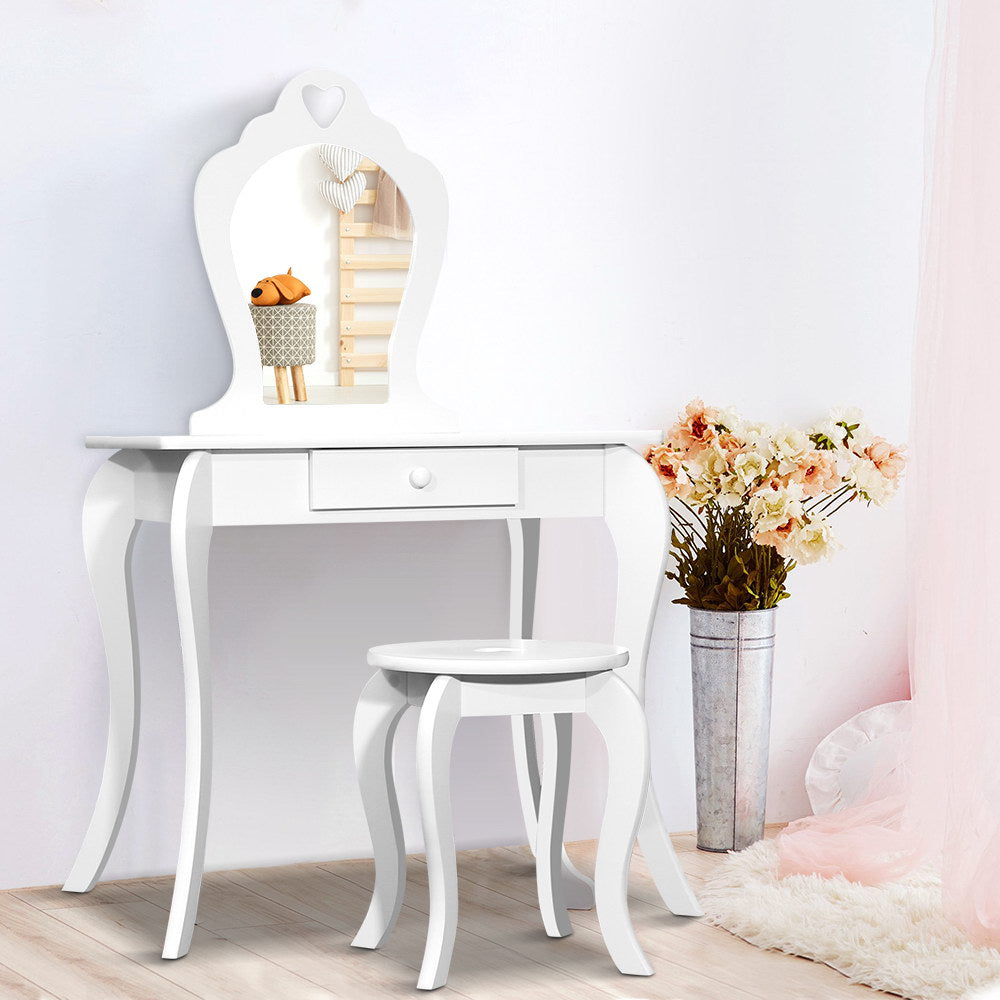 Keezi Kids Dressing Table Stool Set Vanity Mirror Princess Children Makeup White-0