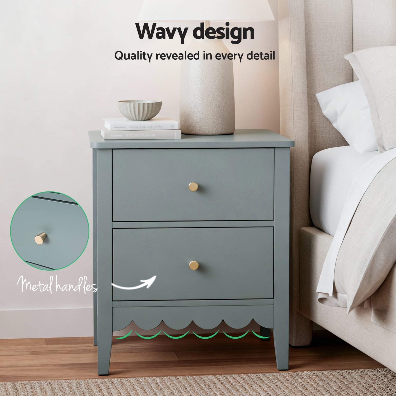 Artiss Bedside Table 2 Drawers Bedroom Storage Nightstand Green-3