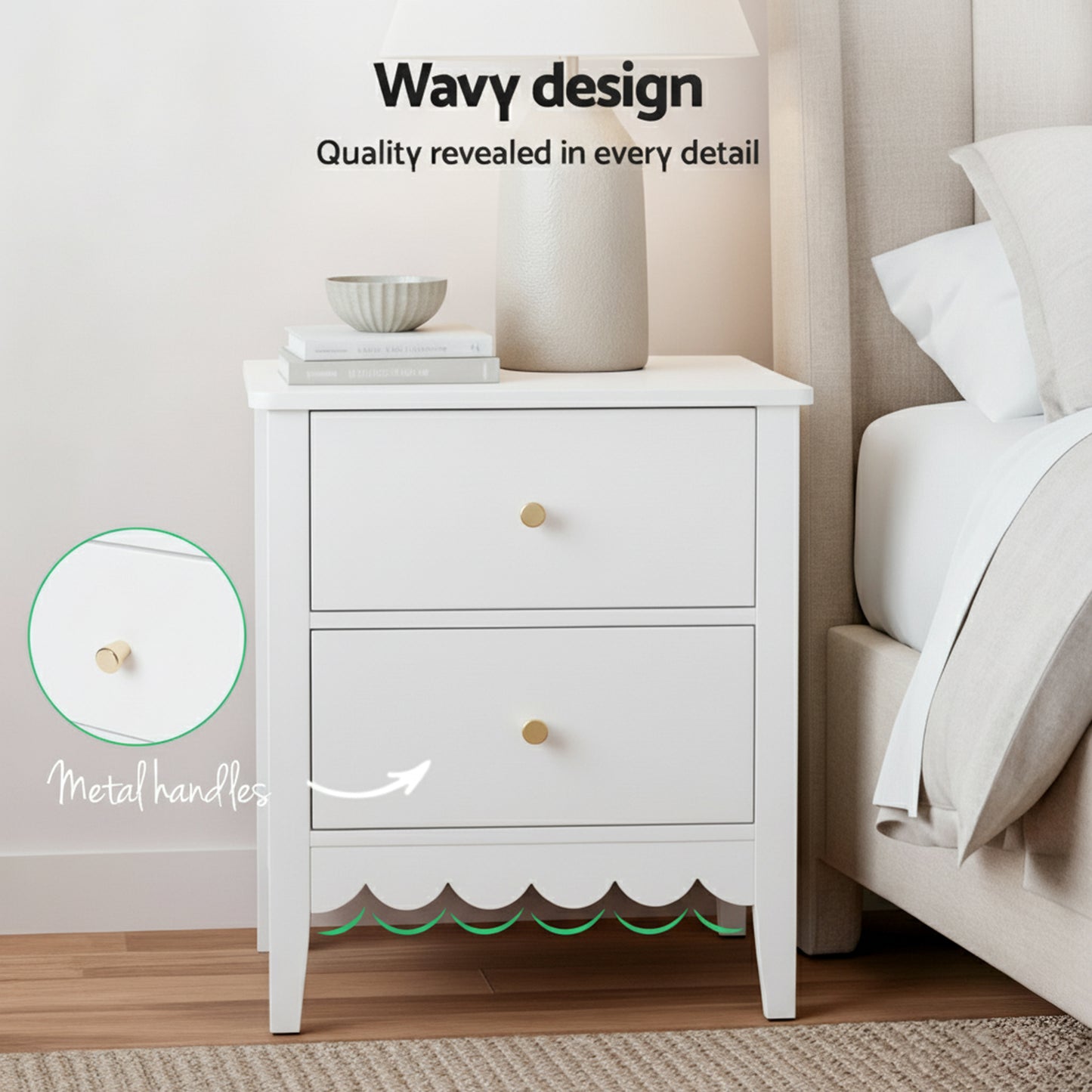 Artiss Bedside Table 2 Drawers Bedroom Storage Nightstand White-4