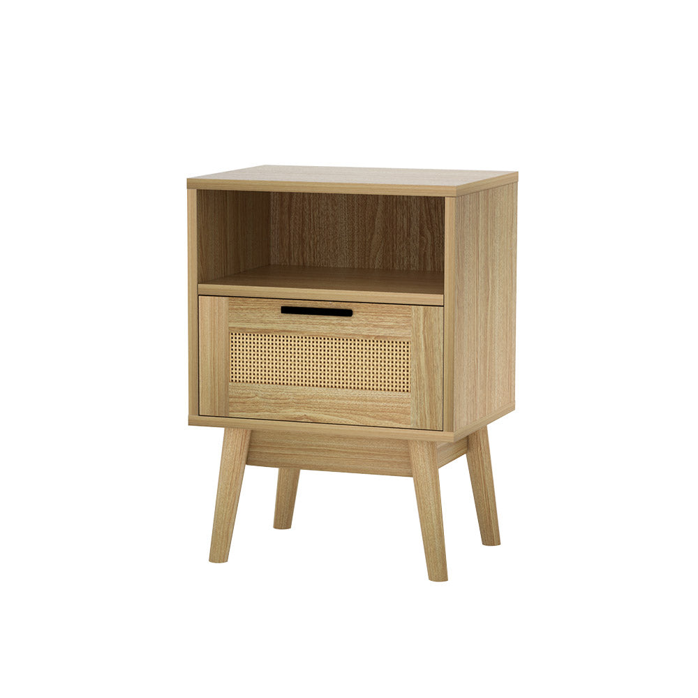 Artiss Rattan Bedside Table 1 Drawer with Shelf - REI Oak-0