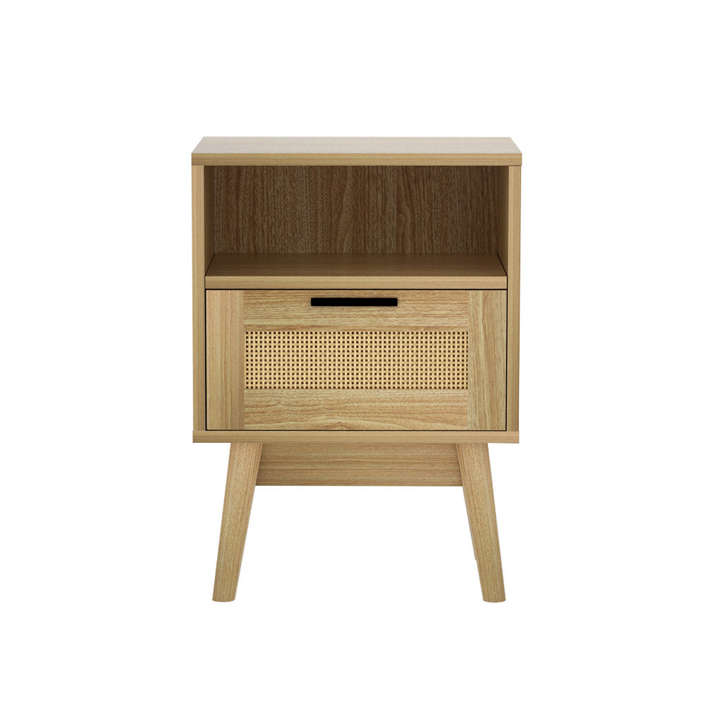 Artiss Rattan Bedside Table 1 Drawer with Shelf - REI Oak-2