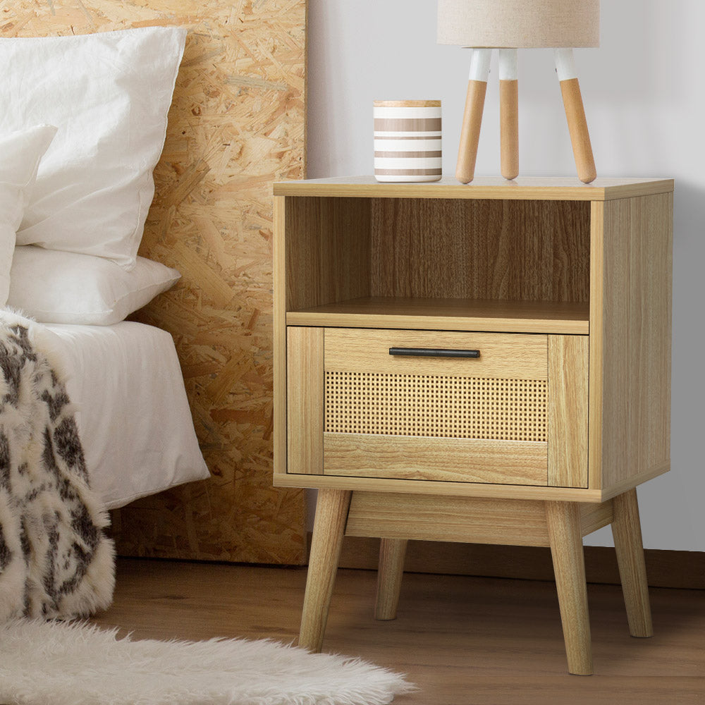 Artiss Rattan Bedside Table 1 Drawer with Shelf - REI Oak-7