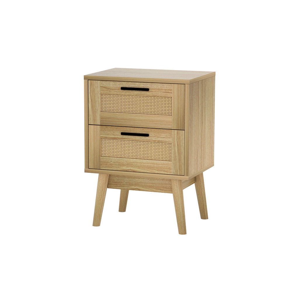 Artiss Rattan Bedside Table 2 Drawers Wood - RIE Oak-0