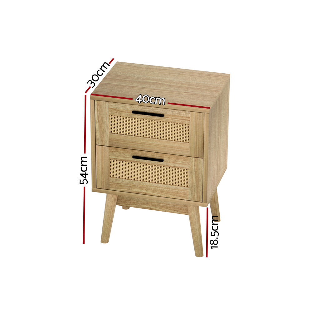 Artiss Rattan Bedside Table 2 Drawers Wood - RIE Oak-1