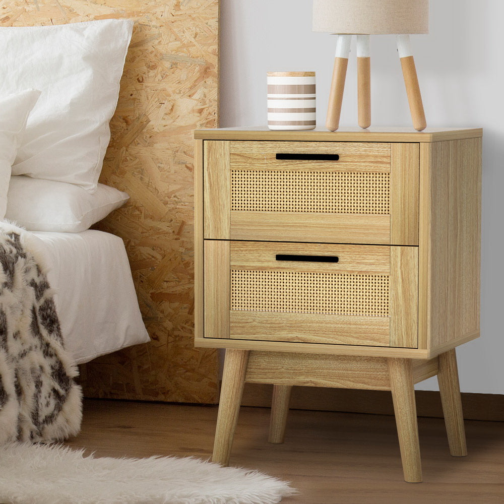 Artiss Rattan Bedside Table 2 Drawers Wood - RIE Oak-7