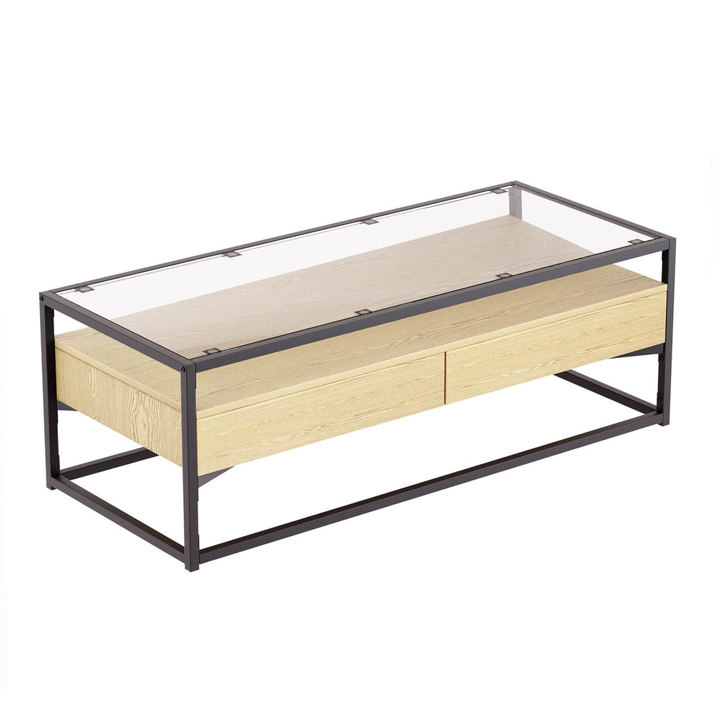 Artiss Coffee Table 2 Drawers Glass Tabletop Pine-0