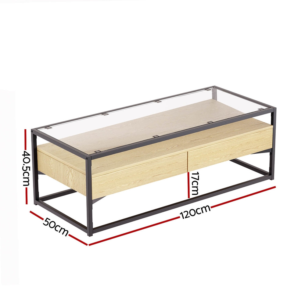 Artiss Coffee Table 2 Drawers Glass Tabletop Pine-1