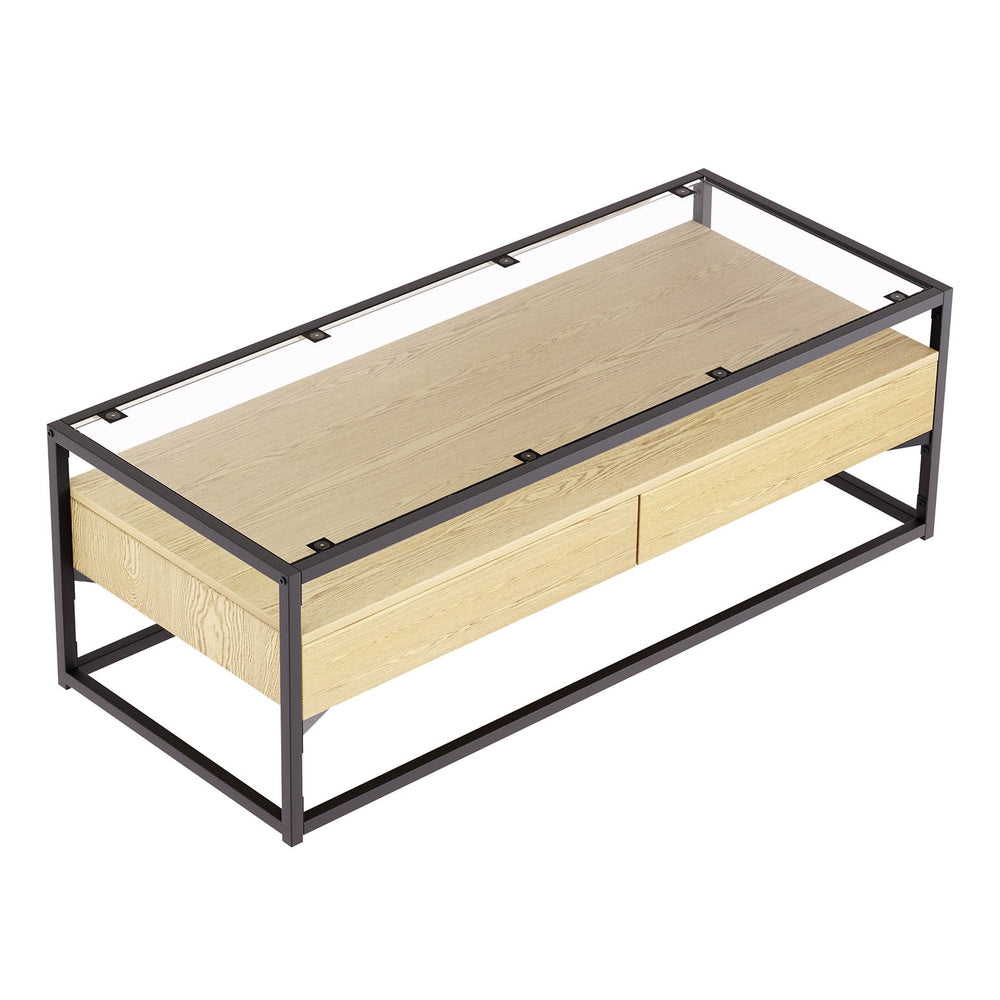 Artiss Coffee Table 2 Drawers Glass Tabletop Pine-2