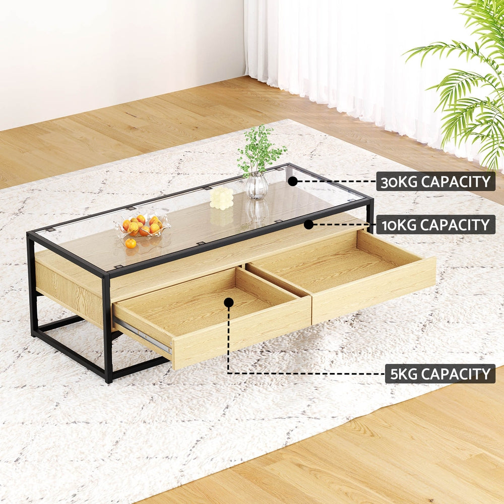 Artiss Coffee Table 2 Drawers Glass Tabletop Pine-4