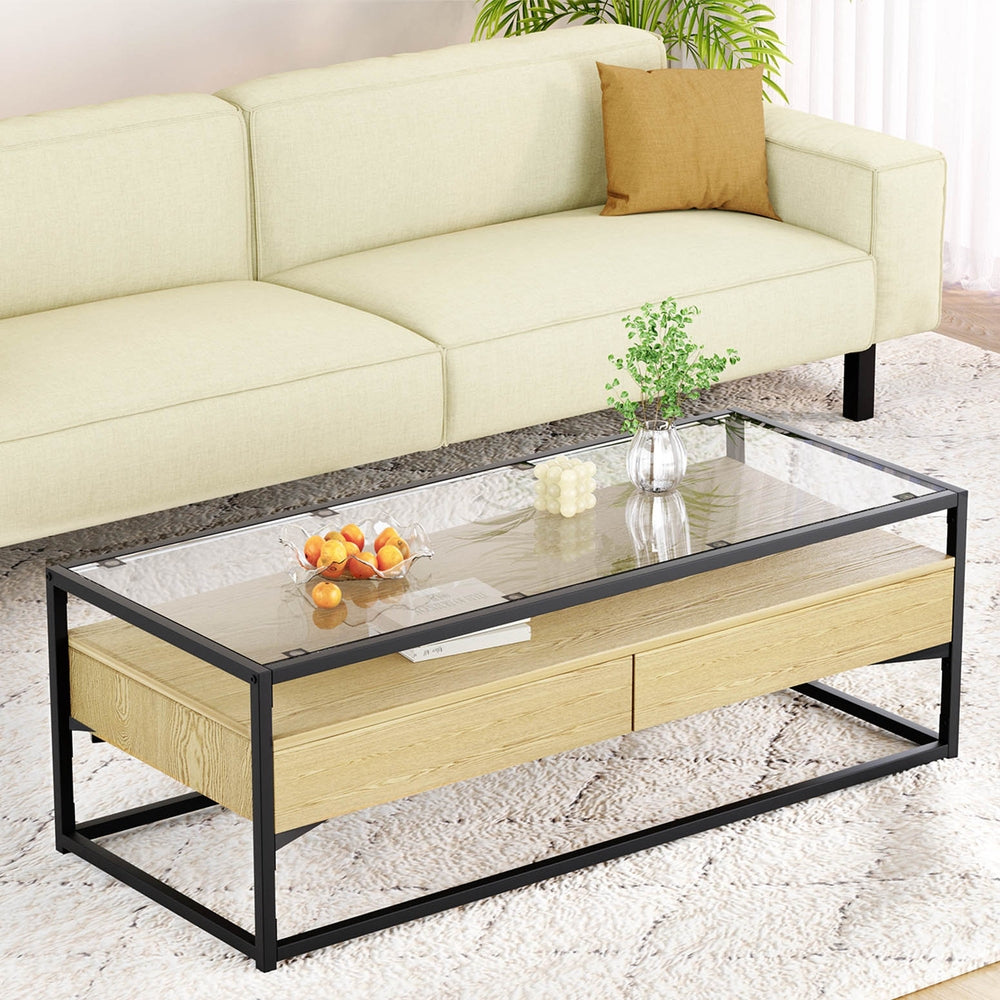 Artiss Coffee Table 2 Drawers Glass Tabletop Pine-6