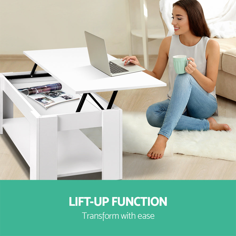 Artiss Coffee Table Lift-top Coffee Table White-3