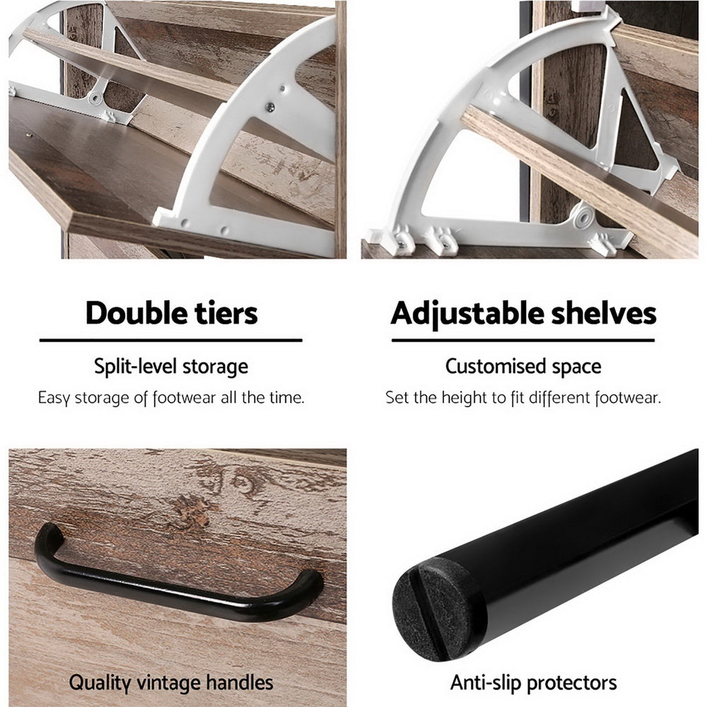 Artiss 12 Pair Wooden Vintage Shoe Rack Storage Cabinet - Wood-5