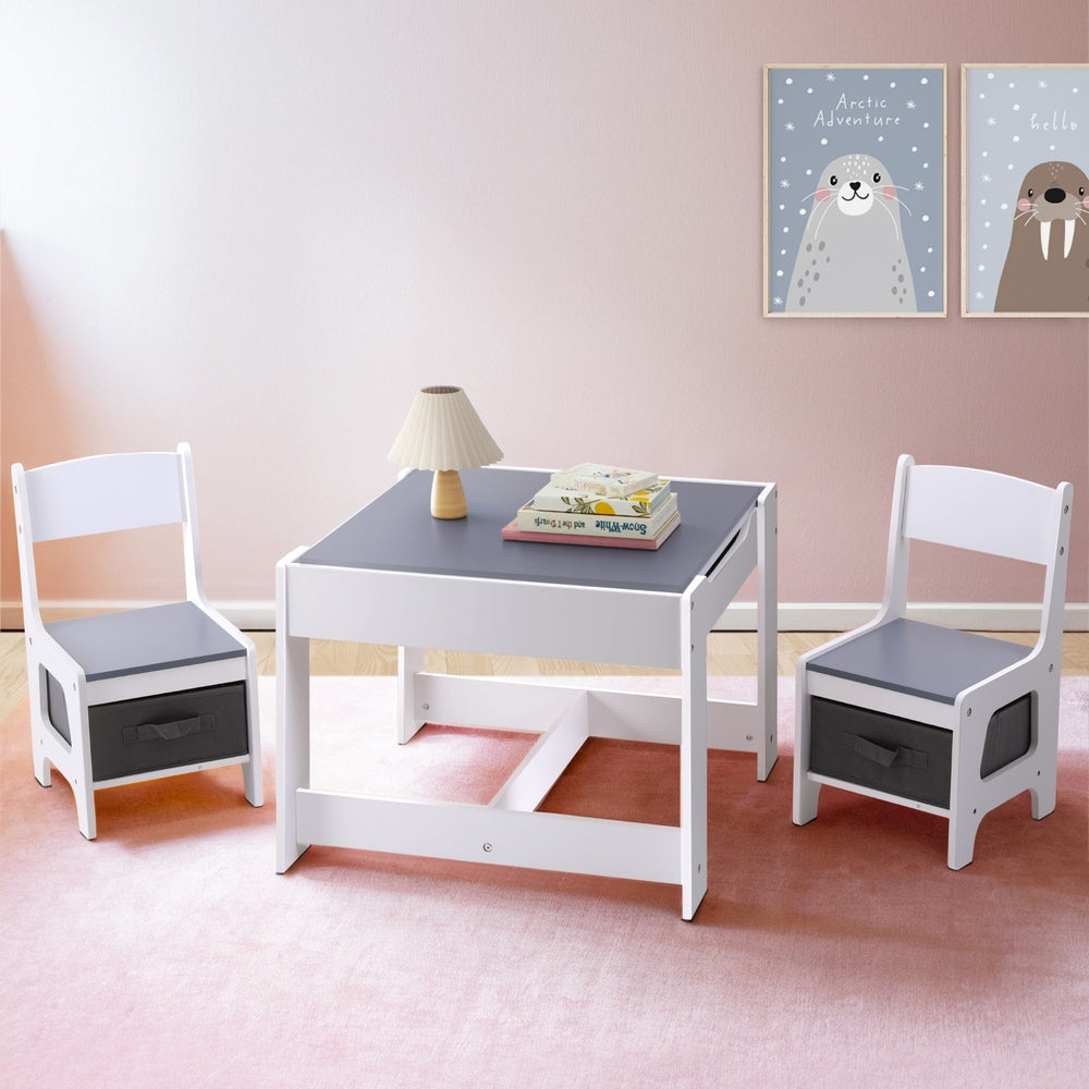 Keezi Kids Table and Chairs Set Play Activity Toys Storage Chalkboard Desk Grey-6