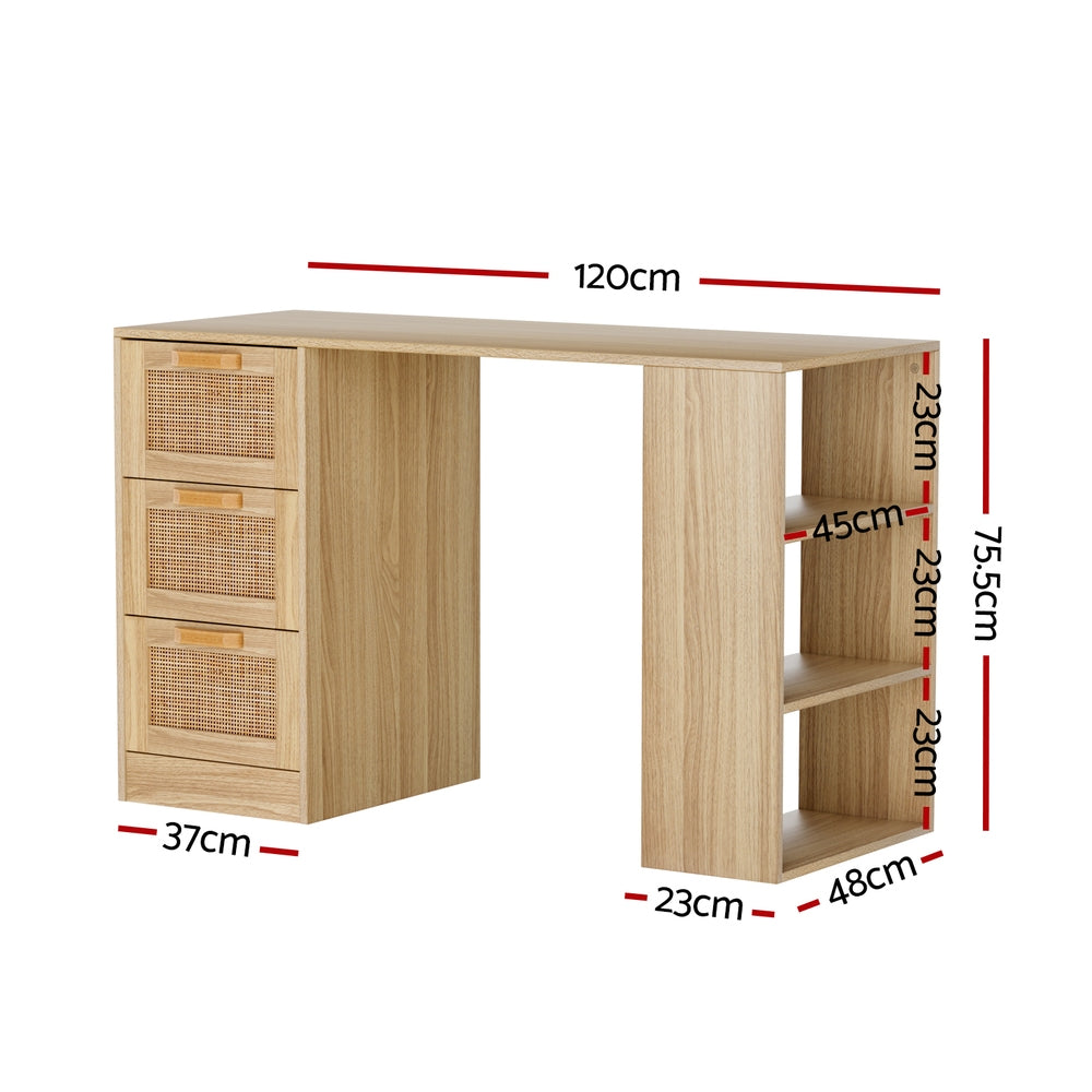 Artiss Computer Desk Drawer Shelf Home Office Study Table Rattan Oak 120CM-1