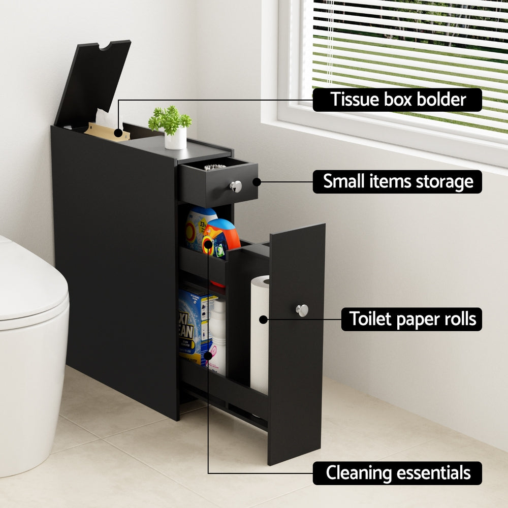 Artiss Bathroom Storage Cabinet Toilet Slim Tissue Box Caddy Holder Side Wooden Black-3