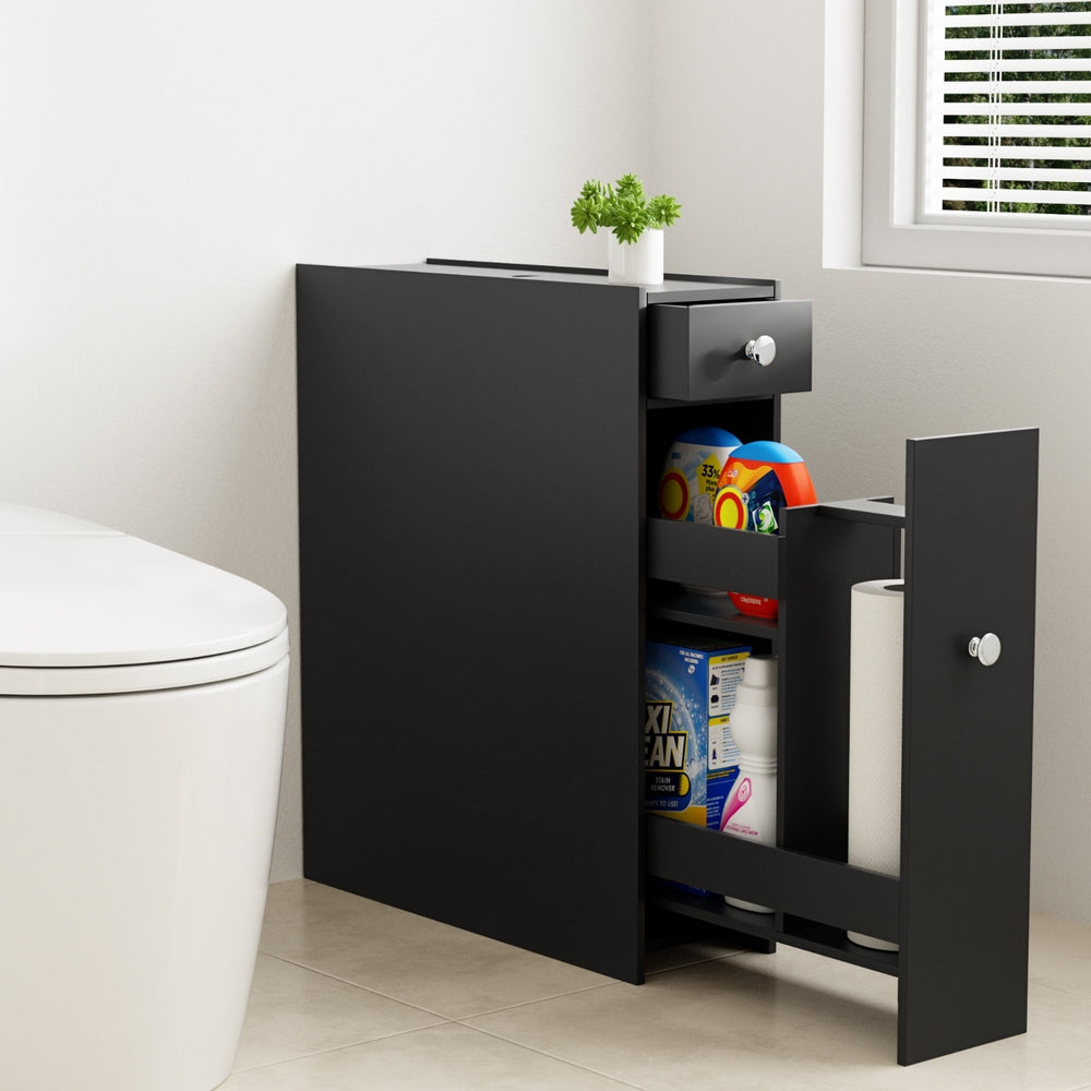 Artiss Bathroom Storage Cabinet Toilet Slim Tissue Box Caddy Holder Side Wooden Black-6